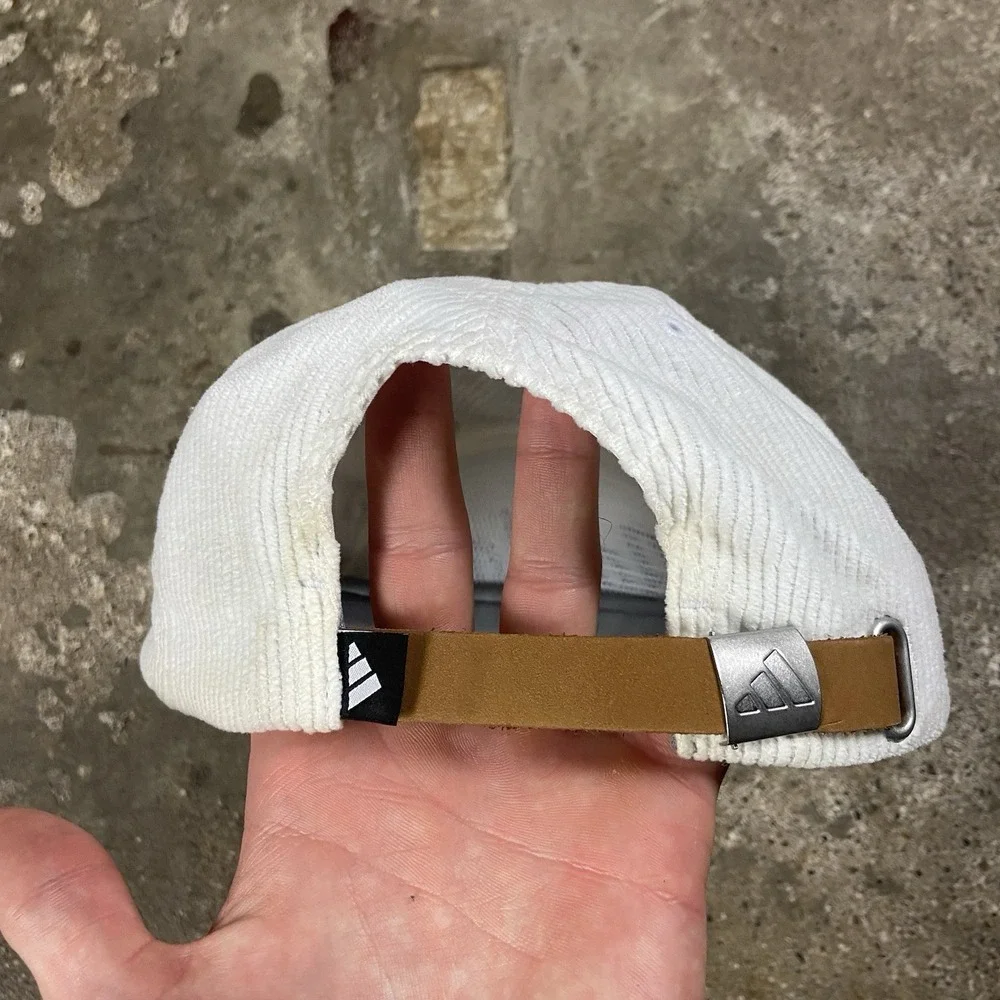 Adidas Golf Cap Leather Strap Back Adjustable White Corduroy Retro Sports Logo